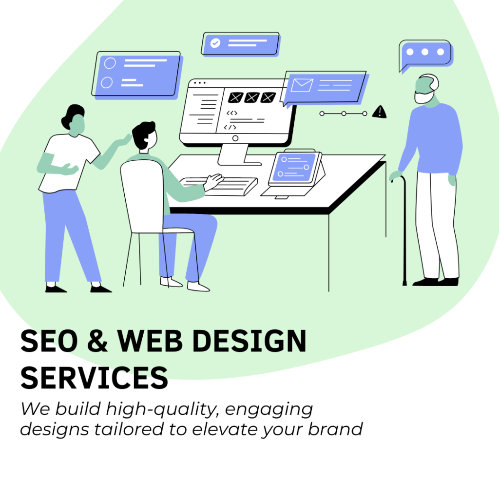 SEO and web design services graphic featuring custom website design options for businesses.
